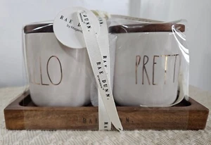 Rae Dunn Farmhouse Trinket Jars Gold 'HELLO' 'PRETTY' 5 Piece Set Wooden Tray - Picture 1 of 7