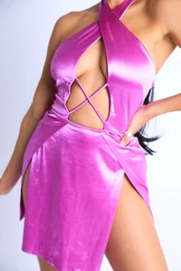 Women's Satin Sleeveless Cross Halter Open Mini Dress Party Club Dress - Picture 1 of 42