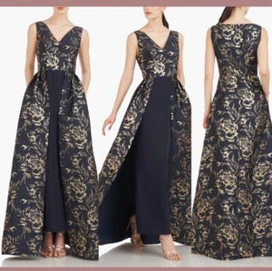 Kay Unger Size 8 V-Neck Sterling Metallic Jacquard Gown-Blue And Gold - Picture 1 of 10