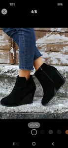 Women's Black Boots Faux Suede Wedge Booties 3.5' Heel 6' Zipper 9.5 W NIB USA - Picture 1 of 20