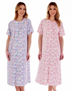Slenderella Cotton Nightie Floral Short Sleeve Button Down 46" Jersey Nightdress