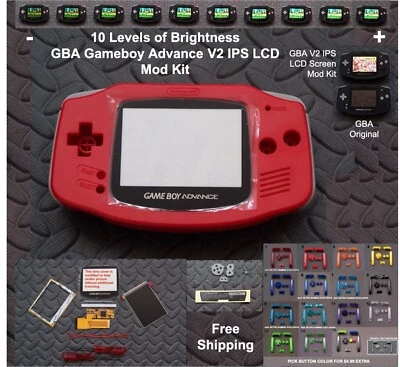 10 Level Brightness GBA V2 IPS LCD Mod Kit w/glass lens - Red - Image 1 of 4