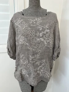 Vintage 90sGrey Embroidered 100% Linen Top Blouse Folk Ethnic Cottagecore XL 16 - Picture 1 of 11