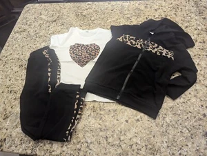 Shein Tween Girl 3pc Leopard Heart Tee Hooded Jacket Pants White Black sz 10Y - Picture 1 of 21