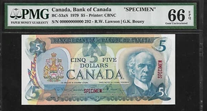 Canada Specimen 5 Dollars 1979 PMG 66 EPQ UNC P#BC-53aS Printer CBNC - Picture 1 of 4