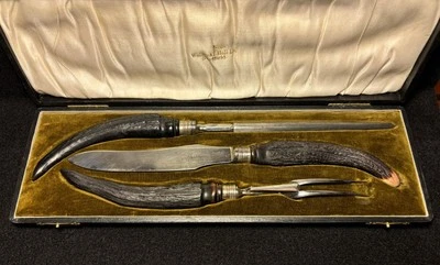 Walker and Hall Sheffield Antique Stag Horn & Sterling Silver Carving Set W/Case - Image 1 of 4