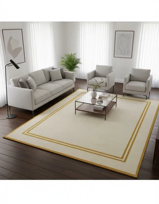 Beige and Yellow Wool  plain with border Hand Tufted Rug for  Home Décor - Image 1 of 4