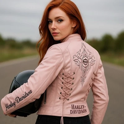 VTG Y2K Womens Harley Davidson Pink Label Leather Jacket Embroidered Lace *READ* - Image 1 of 4