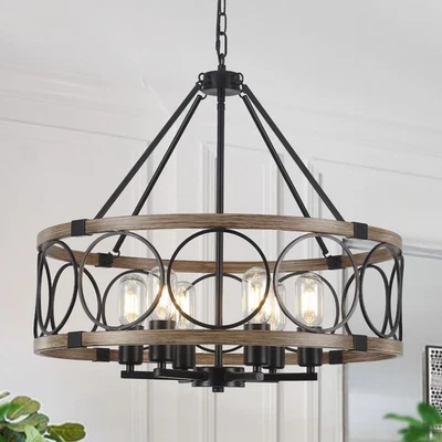 6-Light Farmhouse Chandelier for Dining Room,21'' Black Rustic Industrial Dru... - Image 1 of 4