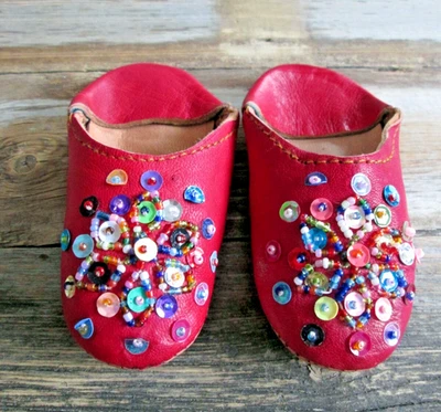 Марокканский бабуш для девочки 12 м тапочки ручной работы красная кожа традиционные блестки - Изображение 1 из 4