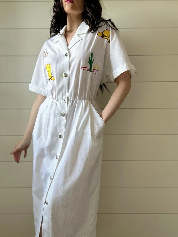 Caran Petite Vintage 1980s Does 50s Western Shirtwaist Dress Novelty Pin Up - Image 1 of 4