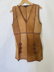 Vintage genuine cowboy crochet suede leather patchwork boho mini dress - Picture 1 of 9