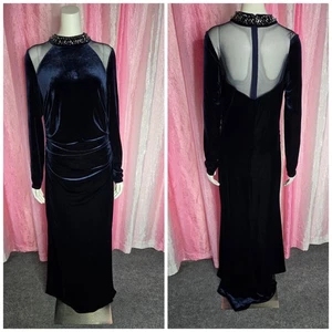 Vince Camuto Velvet Exquisite Navy Mesh Rhinestone Collar Cocktail Gown Size 12 - Picture 1 of 19