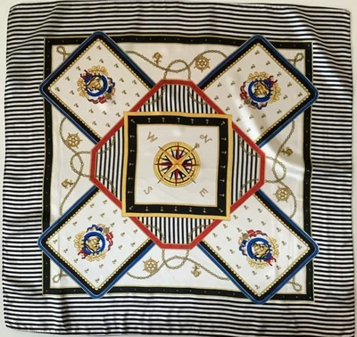 B A Black Striped Nautical Design 26 Inch Square Vintage 100% Silk Scarf  - Image 1 of 4