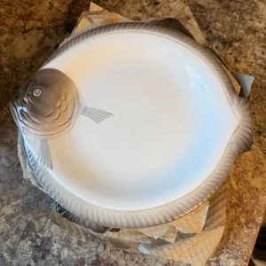 Vintage Longwy France Fish Shaped Plates Set of 12 Gray 10” Porcelain Dinnerware - Picture 1 of 5
