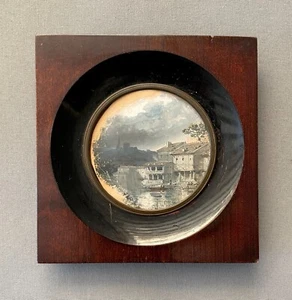 Ville en bord de rivière, peinture miniature à restaurer, XIXe - Imagen 1 de 5