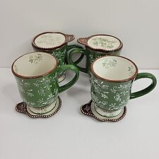 Set of 4 Temptations Floral Lace Green Brown Pedestal Mug and Coasters 8 Pieces