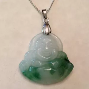 ~ Chinese Export Carved Jade Happy Buddha Pendant - Translucent Moss on Snow - Picture 1 of 3