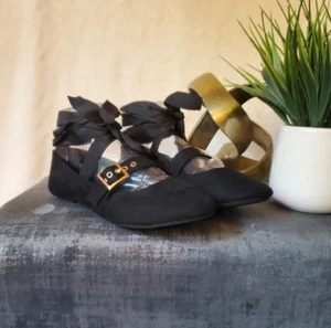 New Bamboo Cantel Black Ballet Flat Shoes Ribbon Lace Tie Ankle Shoes Size 6 - Picture 1 of 10