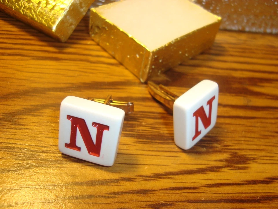 " N " Monogram Letter Initial SILVER Plated Cufflinks 1 Pair (Two)  Red/White   - Image 1 of 4