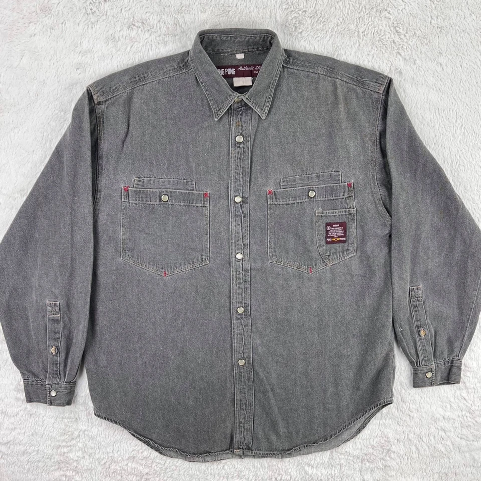 Vintage Denim Shirt Men’s XL Gray Ping Pong Long Sleeve Pearl Snap Pockets Y2K - Image 1 of 4