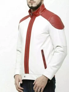 Men's Leather Jacket Beautiful Red & White Leather Jacket White Stitched Leather - Picture 1 of 6