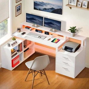65" L Shaped Computer Desk PC Table File Drawer Storage w/ LED Lights for Office - Picture 1 of 11