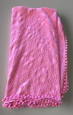 Vintage Pom Pom Fringe Edge Full Size Textured Bedspread Bubblegum Pink 94 X 112 - Image 1 of 4
