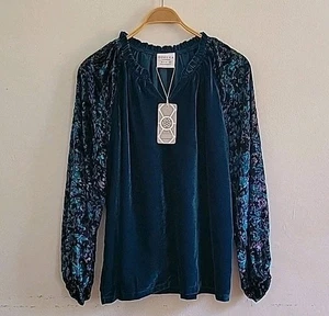 Bohera Zandra Velvet V Neck Blouse XL NEW Floral Burnout Balloon Sleeves Party - Picture 1 of 12