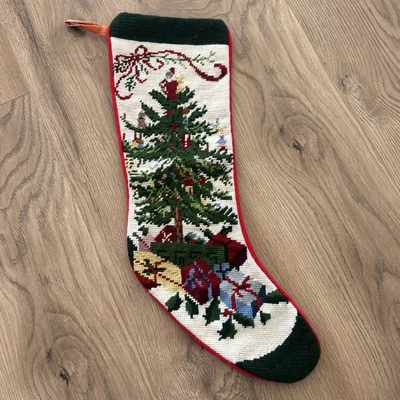 Vtg Wool/Velvet Needlepoint Xmas Stockings, Tree, Santa, Presents - Image 1 of 4