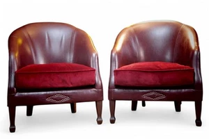 Stunning Pair Antique Victorian Leather Tub Cigar Cub Armchairs Deep Burgundy 🚚 - Picture 1 of 12