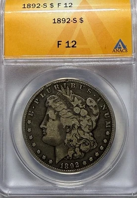 1892-S Morgan Silver Dollar $1 ANACS F12 - Image 1 of 4