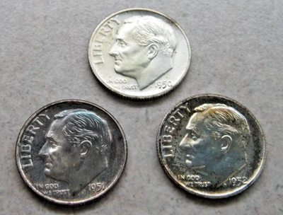 Moneda de diez centavos de plata Roosevelt 1950, 1951, 1952 a prueba; lote de tres (3) monedas. Foto 1 de 3