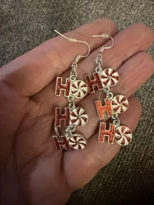 Christmas Dangle Earrings Ho Ho Ho Red Candy Cane Long Pierced - Picture 1 of 4