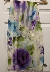 ECHO FLORAL Green Purple 100% Silk Scarf 56"/11" MADE IN JAPAN R3-O6 - Picture 1 of 5