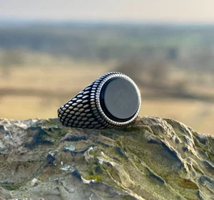 Pinky Ring - Mens Silver Signet Ring - Black / Turquoise Stone Signet Ring Men - Picture 1 of 9