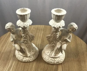 Vintage Elfenbein Romantisch Porzellan Engel Cherub Kerzenständer Halter Gott Friede - Bild 1 von 15