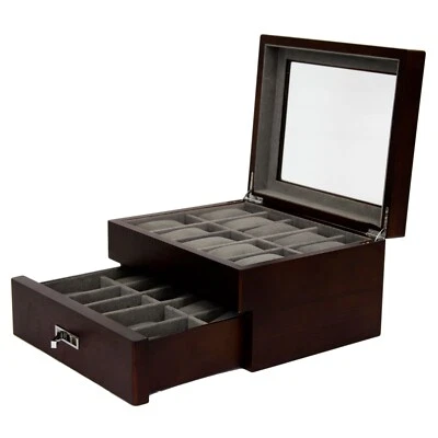Watch Box 20 Watches Brown Finish Large Compartments High Clearance Glass Window - Image 1 of 4