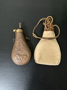 Vintage Copper & Brass Powder Flask Hunting Dog & Pheasant’s + Ammo Pouch - Picture 1 of 3