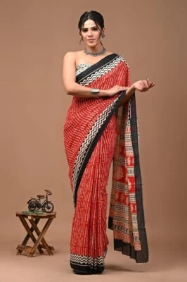 Indian Cotton Malmal Sari with Unstitch Blouse Bollywood Women's Printed Saree - Image 1 of 4