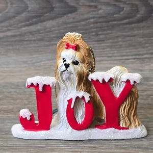 Shih tzu dog Christmas tree ornament large red JOY red bow Ceramic Animal Lover - Bild 1 von 5
