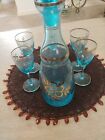 Murano Italian Glass AQUA BLUE PITCHER/DECANTER with 5 TUMBLERS 24k Gold MINT