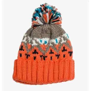 Orange, White, Taupe, Turquoise Nordic Design Pom Pom Knit Beanie Hat - Picture 1 of 2