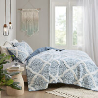 BEAUTIFUL CHIC COUNTRY BLUE WHITE SHABBY COZY COTTAGE RUFFLE QUILT SET KING SZ
