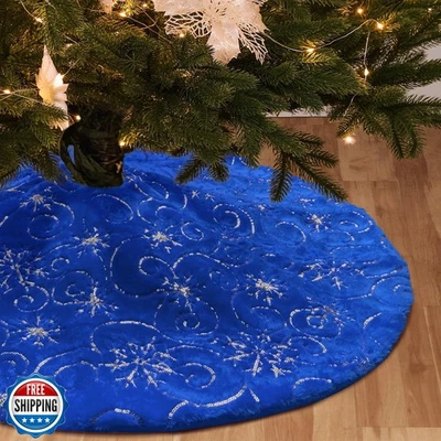 Amidaky Christmas Tree Skirt Blue 36 inch Silver Christmas Tree Skirt Snowfla - Image 1 of 4
