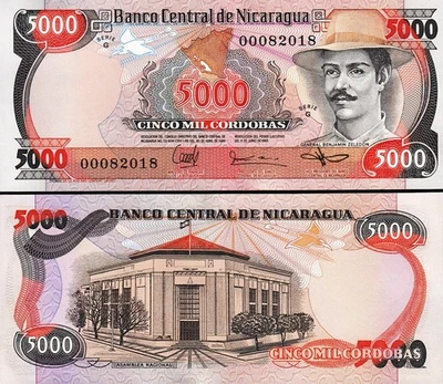 Nicaragua 5000 Cordobas 1985, UNC, P-146, General B.Zeledon, Printer TDLR - Image 1 of 3