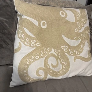 Linen Octopus Embroidered Pillow Coastal Nautical 18” Home Decor - Picture 1 of 11