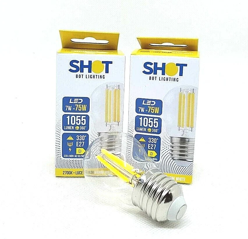 LAMPADINE LED SHOT BOT LIGHTING Sfera E27 7W Filamento Chiara Calda Bianca - Immagine 1 di 1