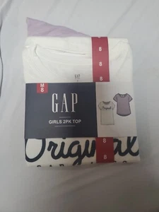 NWT Girls 2-Pack GAP 100% Cotton T-Shirt Tops Size M 8 Purple & White Shirts - Picture 1 of 3