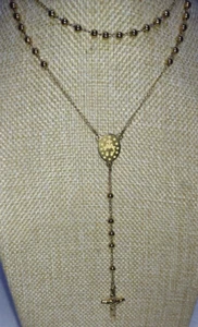 Rosary with Crucifix Gold Tone Stainless Steel Beads Chain & Pendant 32 inches - Picture 1 of 14